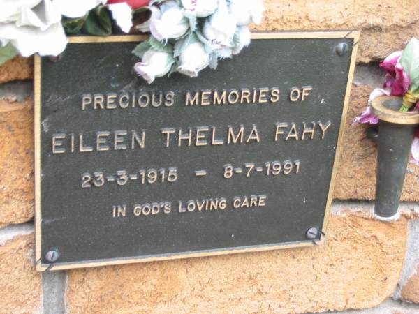 Eileen Thelma FAHY,  | 23-3-1915 - 8-7-1991;  | Slacks Creek St Mark's Anglican cemetery, Daisy Hill, Logan City  | 