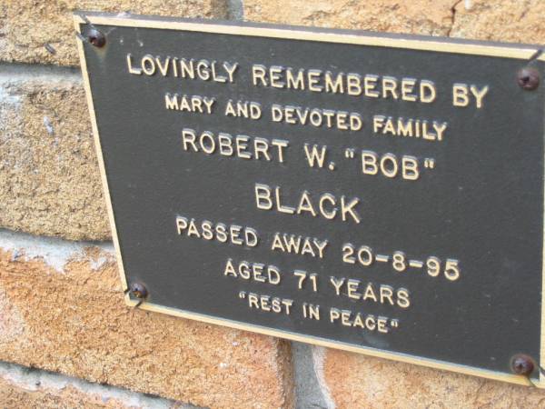 Robert W. (Bob) BLACK,  | died 20-8-95 aged 71 years,  | remembered by Mary & family;  | Slacks Creek St Mark's Anglican cemetery, Daisy Hill, Logan City  | 