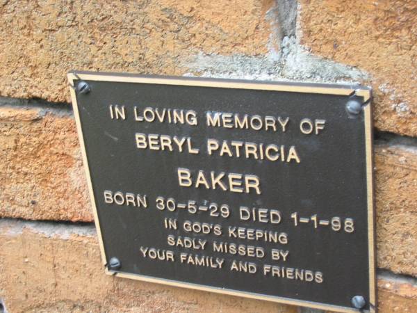 Beryl Patricia BAKER,  | born 30-5-29 died 1-1-98;  | Slacks Creek St Mark's Anglican cemetery, Daisy Hill, Logan City  | 