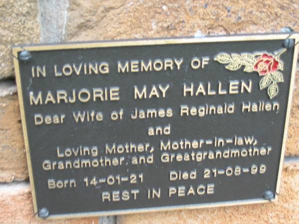 Marjorie May HALLEN,  | wife of James Reginald HALLEN,  | mother mother-in-law grandmother great-grandmother,  | born 14-01-21 died 21-08-99;  | Slacks Creek St Mark's Anglican cemetery, Daisy Hill, Logan City  | 