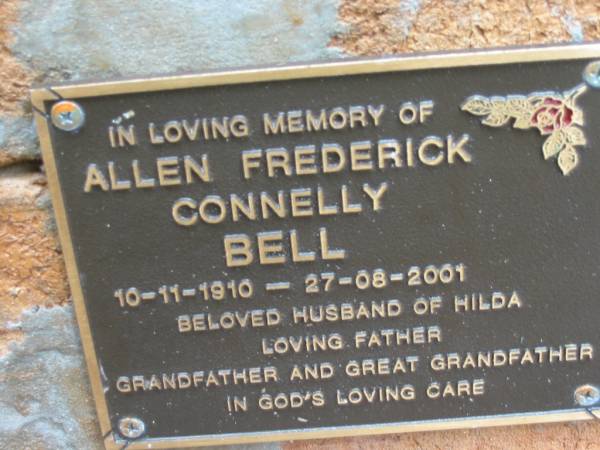 Allen Frederick BELL,  | 10-11-1910 - 27-08-2001,  | husband of Hilda,  | father grandfather great-grandfather;  | Slacks Creek St Mark's Anglican cemetery, Daisy Hill, Logan City  | 