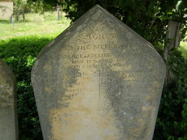 Florence Adeline WILLIAMS, d: 17 Apr 1872, aged 2 months 7 days  | Emily? Isabel WILLIAMS, , Apr 1873, aged ?? 14 days  | Harry Aubrey WILLIAMS, , d: 19 Oct 1879, aged 1 month 7 days  | Bertha Morton WILLIAMS, 29 May ??, aged 3? months  | Marrian Louisa WILLIAMS, 23 May 1881, aged 6 months 12 days  |   | Anglican church & cemetery, Sofala, New South Wales  | 