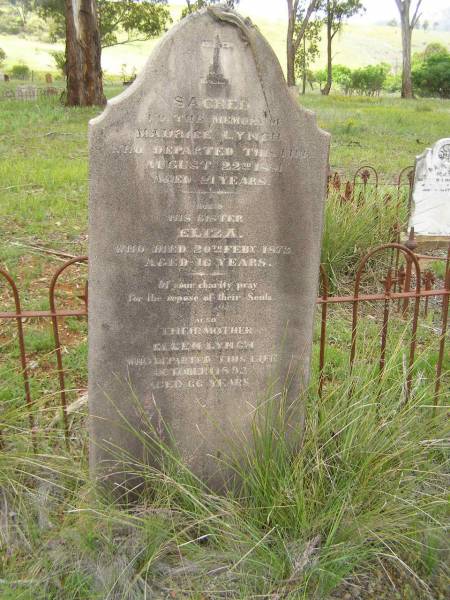 Maurice LYNCH, 22 Aug 1881, aged 21  | (his sister) Eliza LYNCH d: 20 Feb 1873, aged 16  | (their mother) Ellen LYNCH Oct 1892, aged 66  | Cemetery near Upper Turon Road, Sofala, New South Wales  | 