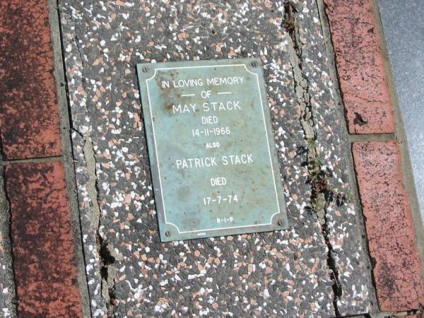 May STACK  | 14-11-1966  |   | Patrick STACK  | 17-7-74  |   | St Margarets Anglican memorial garden, Sandgate, Brisbane  |   | 