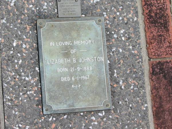Elizabeth B JOHNSTON  | Born 21-9-1888  | Died 6-1-1967  |   | St Margarets Anglican memorial garden, Sandgate, Brisbane  |   | 