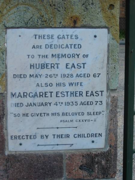 Hubert EAST  | 26 May 1928  | aged 67  |   | his wife  | Margaret Esther EAST  | 4 Jan 1935  | aged 73  |   | St Thomas' Anglican, Toowong, Brisbane  |   | 