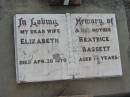 
Elizabeth Beatrice BASSETT
30 Apr 1970, aged 78
Stone Quarry Cemetery, Jeebropilly, Ipswich
