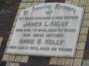 
James L KELLY
22 Apr 1948, aged 47
Annie B KELLY
6 Aug 1972, aged 66
Stone Quarry Cemetery, Jeebropilly, Ipswich
