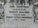
John ARMSTRONG
aged 84
Harriett ARMSTRONG
aged 80
Robert George ARMSTRONG
aged 21
Stone Quarry Cemetery, Jeebropilly, Ipswich
