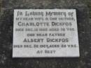 
Charlotte DICKFOS
13 Dec 1958, aged 75
Albert DICKFOS
26 Dec 1967, aged 89
Stone Quarry Cemetery, Jeebropilly, Ipswich
