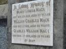 
Mary Louisa MACK
29 Nov 1958, aged 77
William Charles MACK
3 Dec 1960, aged 68
Charles William MACK
27 Mar 1966, aged 82
Stone Quarry Cemetery, Jeebropilly, Ipswich
