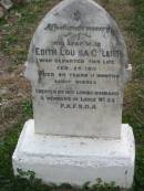 
Edith Louisa COLLIER
25 Feb 1911, aged 20 years 11 months
(erected by husband & members of lodge no 22 P.A.F.S.O.A.)
Stone Quarry Cemetery, Jeebropilly, Ipswich
