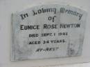 
Eunice Rose NEWTON
1 Sep 1948 aged 34
Stone Quarry Cemetery, Jeebropilly, Ipswich
