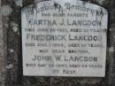 
Martha J LANGDON
25 Jun 1927 aged 43
Frederick LANGDON
1 Aug 1929, aged 82
John W LANGDON
24 May 1947, aged 68
Stone Quarry Cemetery, Jeebropilly, Ipswich
