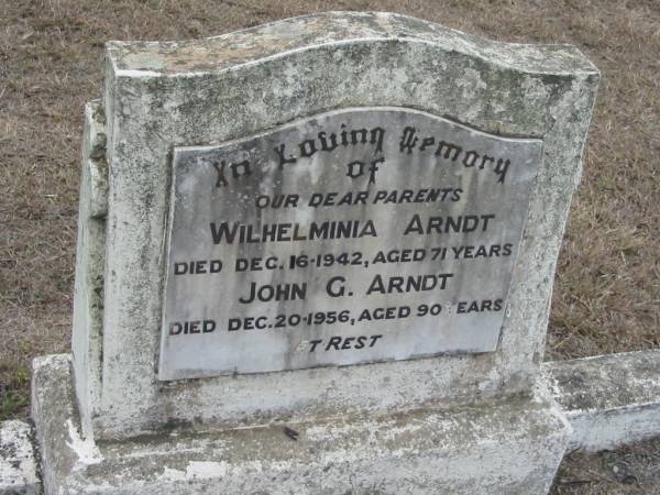 Wilhelminia ARNDT  | 16 Dec 1942 aged 71  | John G ARNDT  | 20 Dec 1956, aged 90  | Stone Quarry Cemetery, Jeebropilly, Ipswich  | 