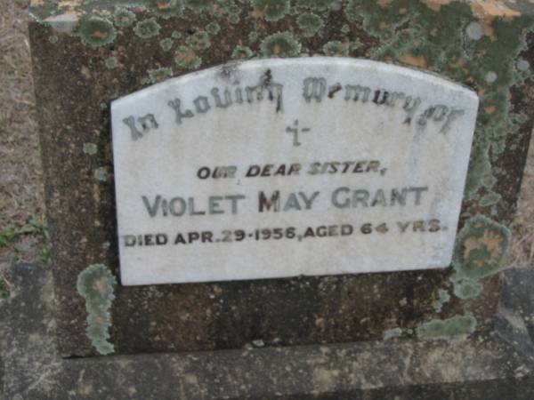 Violet May GRANT  | 29 Apr 1956, aged 64  | Stone Quarry Cemetery, Jeebropilly, Ipswich  | 