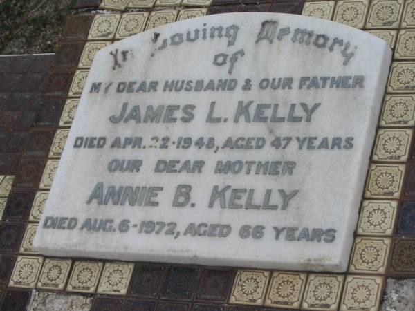 James L KELLY  | 22 Apr 1948, aged 47  | Annie B KELLY  | 6 Aug 1972, aged 66  | Stone Quarry Cemetery, Jeebropilly, Ipswich  | 