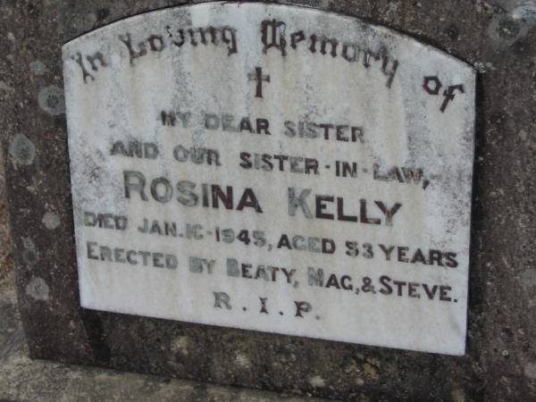 Rosina KELLY  | 10 Jan 1945 aged 53  | erected by Beaty, Mag, Steve  | Stone Quarry Cemetery, Jeebropilly, Ipswich  | 
