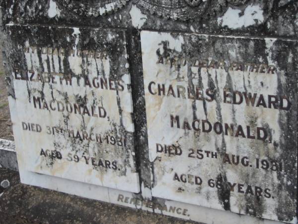 Elizabeth Agnes Macdonald  | 31 Mar 1931, aged 59  | Charles Edward Macdonald  | 25 Aug 1931, aged 68  | Stone Quarry Cemetery, Jeebropilly, Ipswich  | 