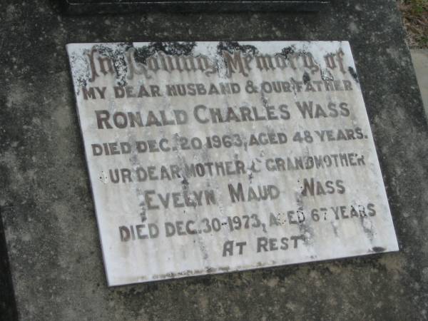 Ronald Charles WASS  | 20 Dec 1963, aged 48  | Evelyn Maud WASS  | 30 Dec 1973, aged 67  | Stone Quarry Cemetery, Jeebropilly, Ipswich  | 