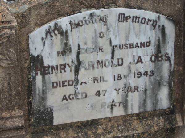 Henry Arnold JACOBS  | 18 Apr 1943, aged 47  | Stone Quarry Cemetery, Jeebropilly, Ipswich  | 