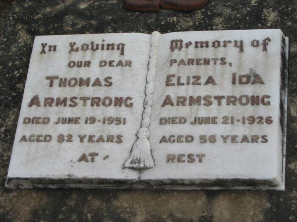Thomas ARMSTRONG  | 19 Jun 1951, aged 82  | Eliza Ida ARMSTRONG  | 21 Jun 1926, aged 56  | Stone Quarry Cemetery, Jeebropilly, Ipswich  | 