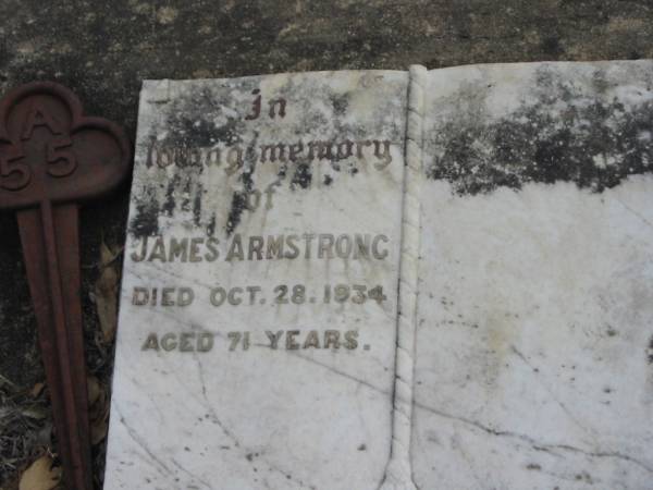 James ARMSTRONG  | 28 Oct 1934, aged 71  | Stone Quarry Cemetery, Jeebropilly, Ipswich  | 