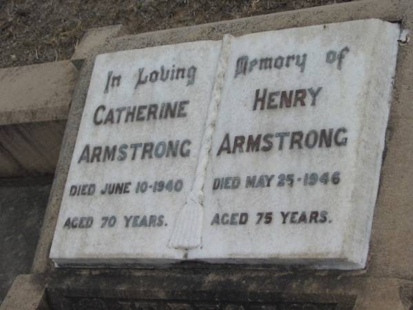 Catherine ARMSTRONG  | 10 Jun 1940, aged 70  | Henry ARMSTRONG  | 25 May 1946 aged 75  | Stone Quarry Cemetery, Jeebropilly, Ipswich  | 