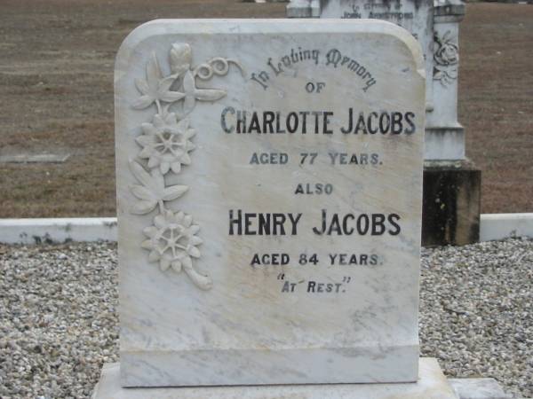 Charlotte JACOBS  | aged 77  | Henry JACOBS  | aged 84  | Stone Quarry Cemetery, Jeebropilly, Ipswich  | 