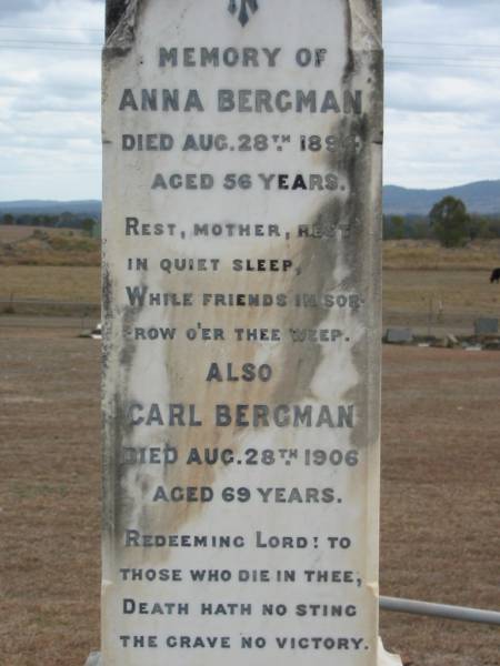 Anna BERGMAN  | 28 Aug 1894, aged 56  | Carl BERGMAN  | 28 Aug 1906, aged 69  | Stone Quarry Cemetery, Jeebropilly, Ipswich  | 