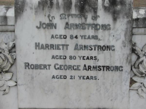 John ARMSTRONG  | aged 84  | Harriett ARMSTRONG  | aged 80  | Robert George ARMSTRONG  | aged 21  | Stone Quarry Cemetery, Jeebropilly, Ipswich  | 