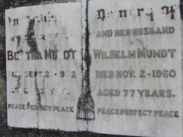 Bertha MUNDT  | 27 Sep 1952, aged 63  | (husband) Wilhelm MUNDT  | 2 Nov 1960, aged 77  | Stone Quarry Cemetery, Jeebropilly, Ipswich  | 