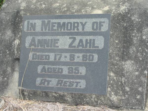 Annie ZAHL  | 17 Aug 1980 aged 95  | Stone Quarry Cemetery, Jeebropilly, Ipswich  | 