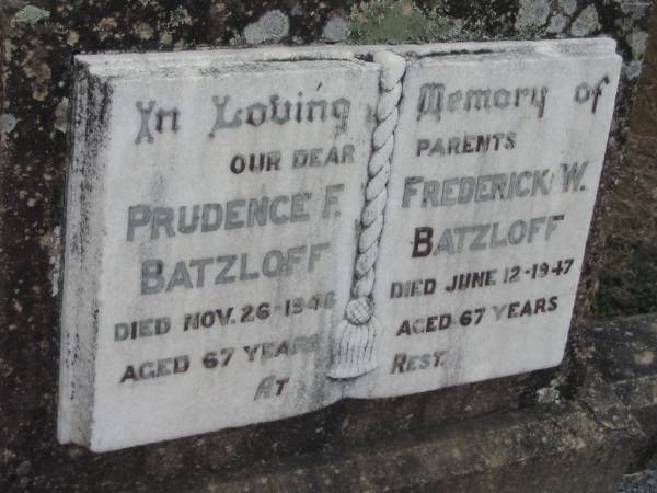 Prudence F BATZLOFF  | 26 Nov 1948, aged 67  | Frederick W BATZLOFF  | 12 Jun 1947, aged 67  | Stone Quarry Cemetery, Jeebropilly, Ipswich  | 