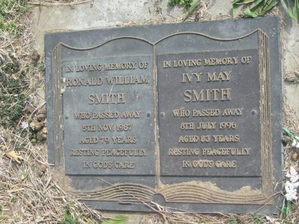 Ronald William SMITH  | 5 Nov 1987, aged 79  | Ivy May SMITH  | 8 Jul 1996, aged 83  | Stone Quarry Cemetery, Jeebropilly, Ipswich  | 