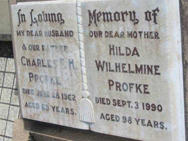 Charles F H PROFKE  | 28 Jun 1962, aged 69  | Hilda Wilhelmine PROFKE  | 3 Sep 1990, aged 98  | (our dear sister) Mary  | b: 15 Apr 1932, d: 16 Apr 1932  | Stone Quarry Cemetery, Jeebropilly, Ipswich  | 
