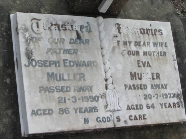 Joseph Edward MULLER  | 21 Mar 1990, aged 86  | Eva MULLER  | 20 Jul 1973, aged 64  | Stone Quarry Cemetery, Jeebropilly, Ipswich  | 