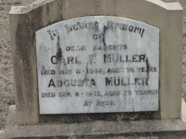 Carl F MULLER  | 8 May 1940 aged 76  | Augusta MULLER  | 9 Sep 1943 aged 78  | Stone Quarry Cemetery, Jeebropilly, Ipswich  | 