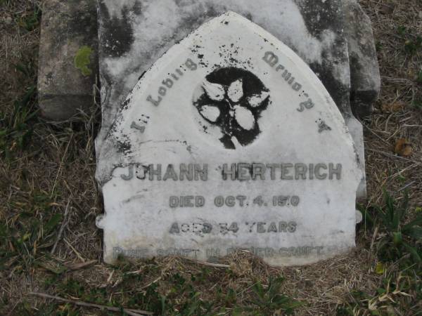 Johann HERTERICH  | 4 Oct 1910, aged 34  | Stone Quarry Cemetery, Jeebropilly, Ipswich  | 