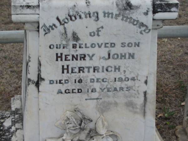 Henry John HERTRICH  | 18 Dec 1904, aged 18  | Stone Quarry Cemetery, Jeebropilly, Ipswich  | 