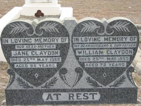 Jane CLAYDON  | 25 May 1966, aged 88  | (husband)  | William CLAYDON  | 25 May 1955, aged 72  | Stone Quarry Cemetery, Jeebropilly, Ipswich  | 