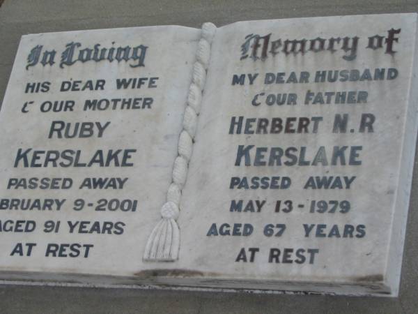 (wife) Ruby KERSLAKE  | 9 Feb 2001, aged 91  | (husband) Herbert N R KERSLAKE  | 13 May 1979, aged 67  | Stone Quarry Cemetery, Jeebropilly, Ipswich  | 