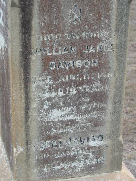 William James DAVISON  | 6 Aug 1901, aged 19  | Robert DAVISON  | 16 Jan 1923 aged 88  | Douglas David LOGAN  | b: 11 Nov 1923, d: 15 Oct 1930  | (mother)  | Jessie DAVISON  | 5 Jan 1930,aged 70  | Stone Quarry Cemetery, Jeebropilly, Ipswich  | 