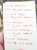 
Leonard GILLESPIE,
died 28 August 1883 aged 62 years;
Harriette May,
died 27 Aug 1936 aged 67 years;
Sarah GILLESPIE,
died 19 Feb 1896 aged 72 years;
Catherine GILLESPIE,
died 13 July 1900 aged 45 years;
Richard GILLESPIE,
died 23 November 1917 aged 51? years;
Swan Creek Anglican cemetery, Warwick Shire
