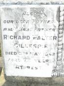 
Richard Walter GILLESPIE,
father grandfather,
died 3 May 1962 aged 78 years;
Eleanor Isabel GILLESPIE,
wife mother grandmother,
died 7 Feb 1948 aged 52 years;
Barbara May GILLESPIE,
died 12 May 1942 aged 8 months;
Swan Creek Anglican cemetery, Warwick Shire
