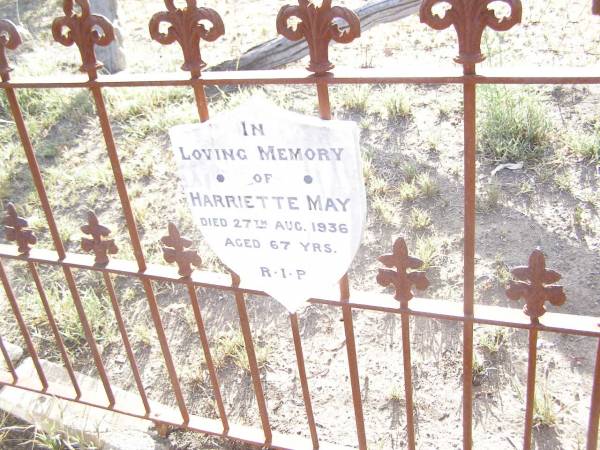 Leonard GILLESPIE,  | died 28 August 1883 aged 62 years;  | Harriette May,  | died 27 Aug 1936 aged 67 years;  | Sarah GILLESPIE,  | died 19 Feb 1896 aged 72 years;  | Catherine GILLESPIE,  | died 13 July 1900 aged 45 years;  | Richard GILLESPIE,  | died 23 November 1917 aged 51? years;  | Swan Creek Anglican cemetery, Warwick Shire  | 