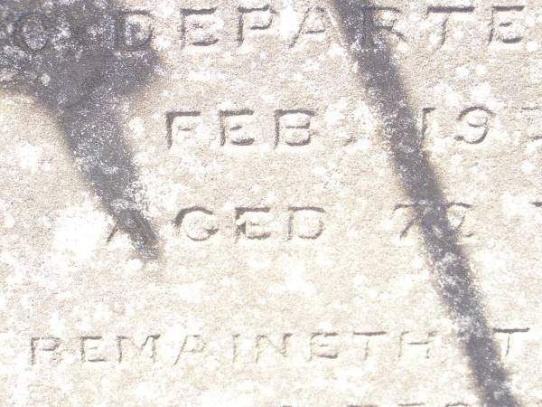 Leonard GILLESPIE,  | died 28 August 1883 aged 62 years;  | Harriette May,  | died 27 Aug 1936 aged 67 years;  | Sarah GILLESPIE,  | died 19 Feb 1896 aged 72 years;  | Catherine GILLESPIE,  | died 13 July 1900 aged 45 years;  | Richard GILLESPIE,  | died 23 November 1917 aged 51? years;  | Swan Creek Anglican cemetery, Warwick Shire  | 