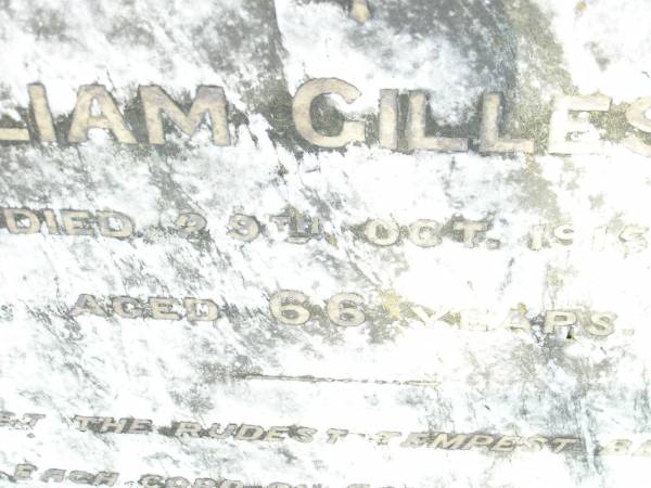 William GILLESPIE,  | died 29 Oct 1915 aged 66 years;  | Swan Creek Anglican cemetery, Warwick Shire  | 