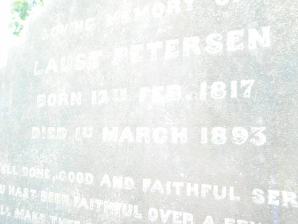 Laust PETERSEN,  | born 17 Feb 1817 died 1 March 1893;  | Iver Pedersen WILLADSEN,  | died 9 May 1883 aged 35 years;  | Swan Creek Anglican cemetery, Warwick Shire  | 
