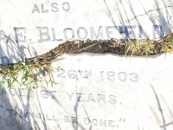 William BLOOMFIELD,  | died 10 Oct 1907 aged 70 years;  | Emma E. BLOOMFIELD,  | died 26 July 1903 aged 67 years;  | Swan Creek Anglican cemetery, Warwick Shire  | 